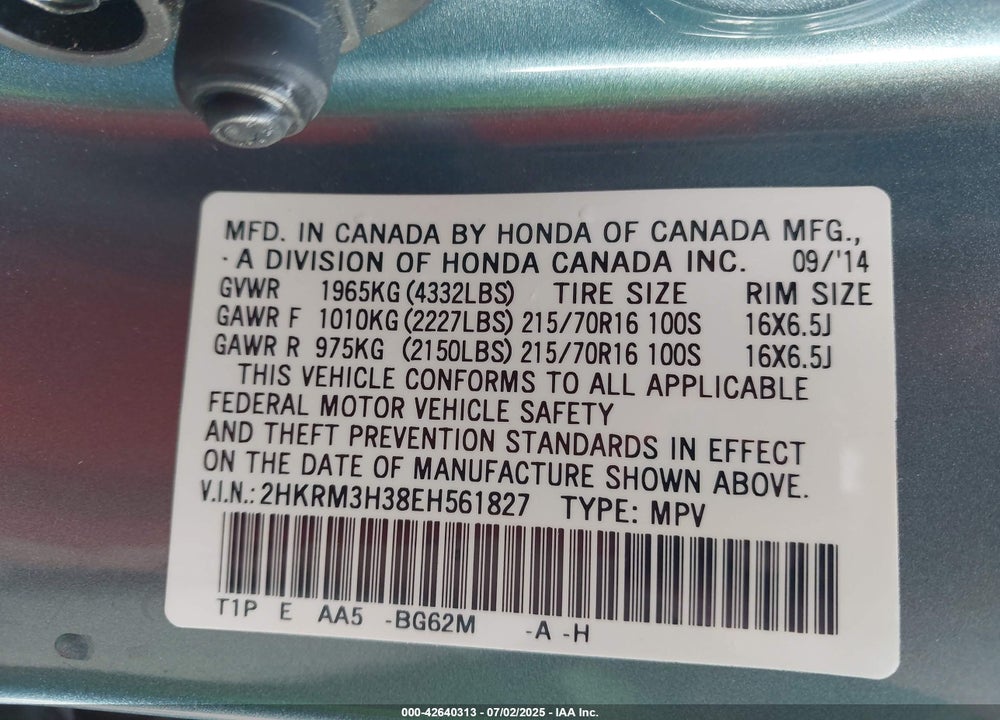 2014 HONDA CR-V VIN: 2HKRM3H38EH561827