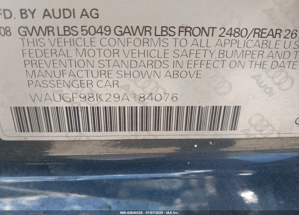 2009 AUDI A4 VIN: WAUGF98K29A184076