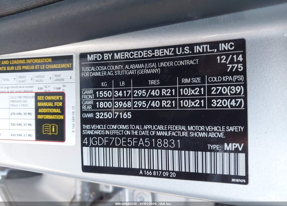2015 MERCEDES-BENZ GL-CLASS VIN: 4JGDF7DE5FA518831