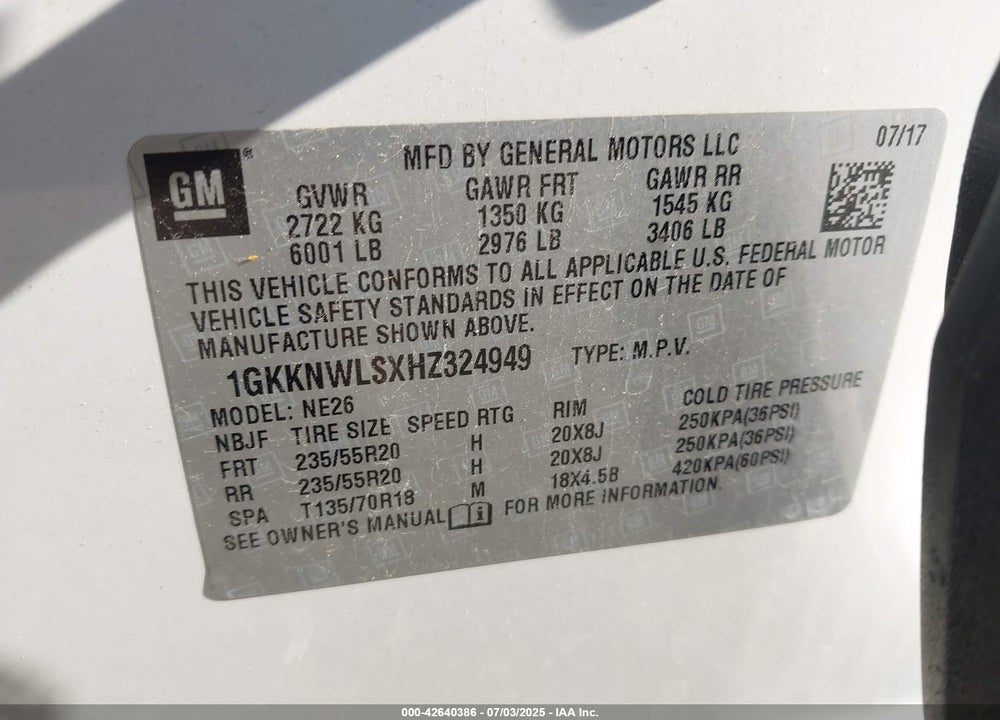 2017 GMC ACADIA VIN: 1GKKNWLSXHZ324949