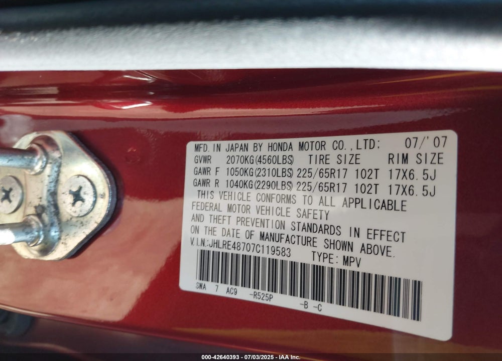 2007 HONDA CR-V EX-L VIN: JHLRE48707C119583