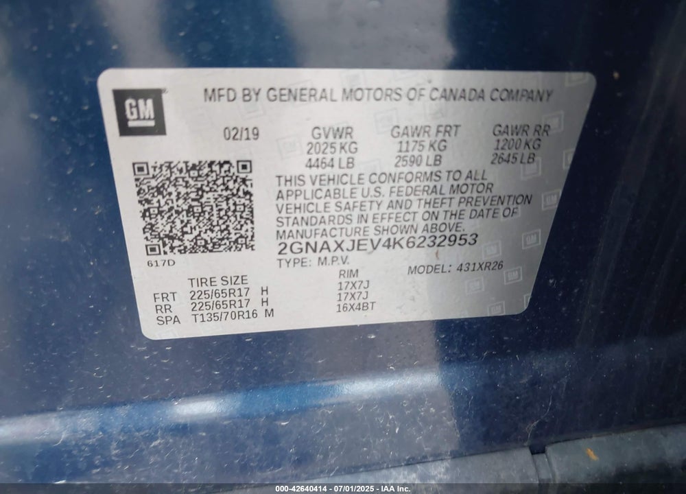 2019 CHEVROLET EQUINOX VIN: 2GNAXJEV4K6232953