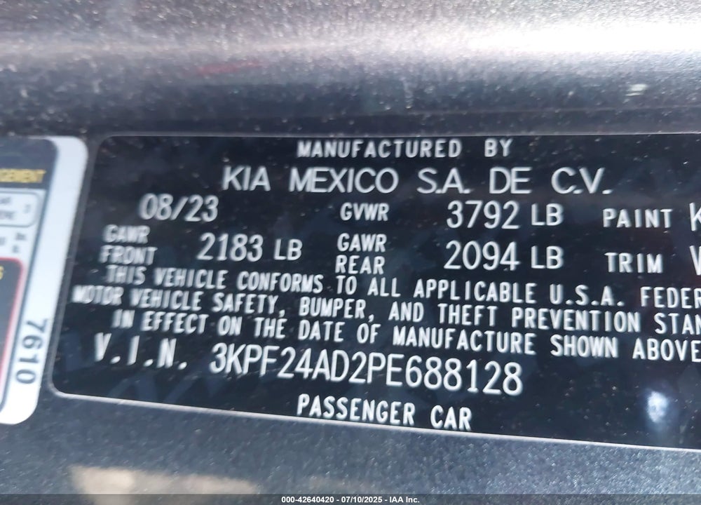 2023 KIA FORTE VIN: 3KPF24AD2PE688128