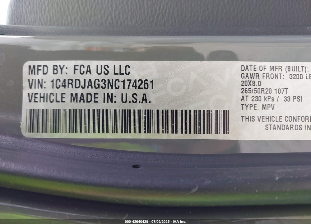 2022 DODGE DURANGO VIN: 1C4RDJAG3NC174261