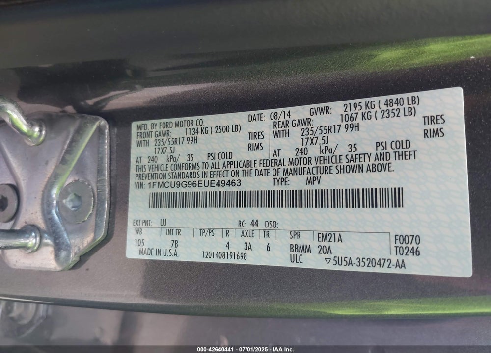 2014 FORD ESCAPE VIN: 1FMCU9G96EUE49463