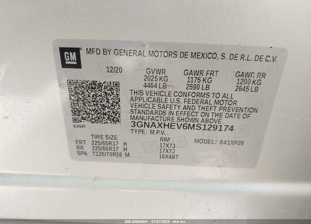 2021 CHEVROLET EQUINOX VIN: 3GNAXHEV6MS129174