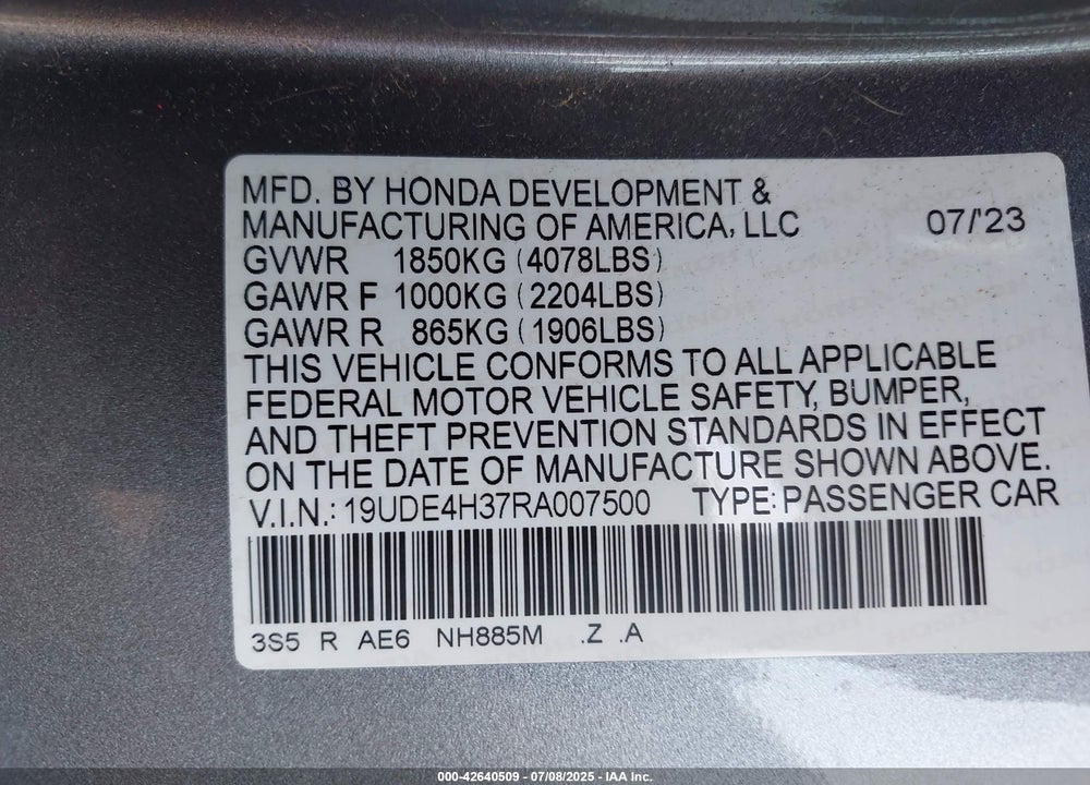 2024 ACURA INTEGRA VIN: 19UDE4H37RA007500