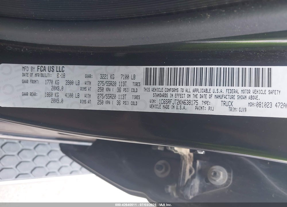 2019 RAM 1500 VIN: 1C6SRFJT2KN638175
