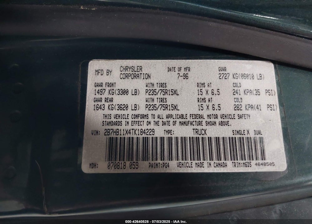 1996 DODGE RAM VAN B1500 VIN: 2B7HB11X4TK184229