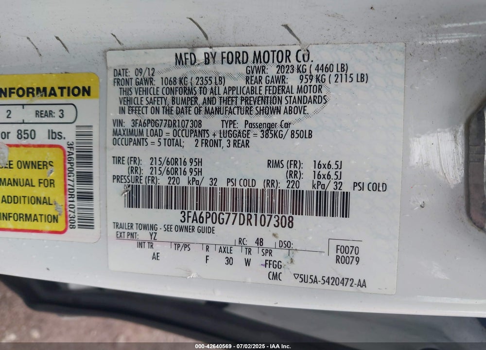 2013 FORD FUSION VIN: 3FA6P0G77DR107308