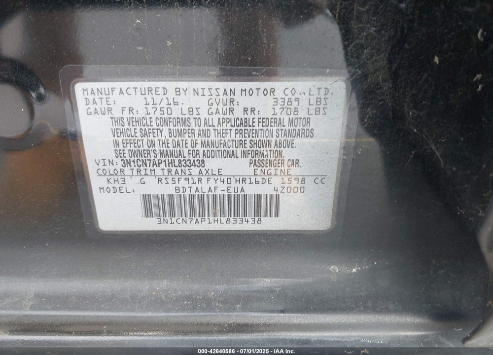 2017 NISSAN VERSA 1.6 S+ VIN: 3N1CN7AP1HL833438