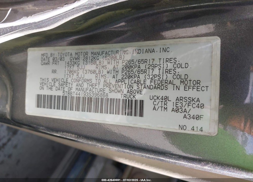 2003 TOYOTA TUNDRA SR5 V8 VIN: 5TBBT44193S396868