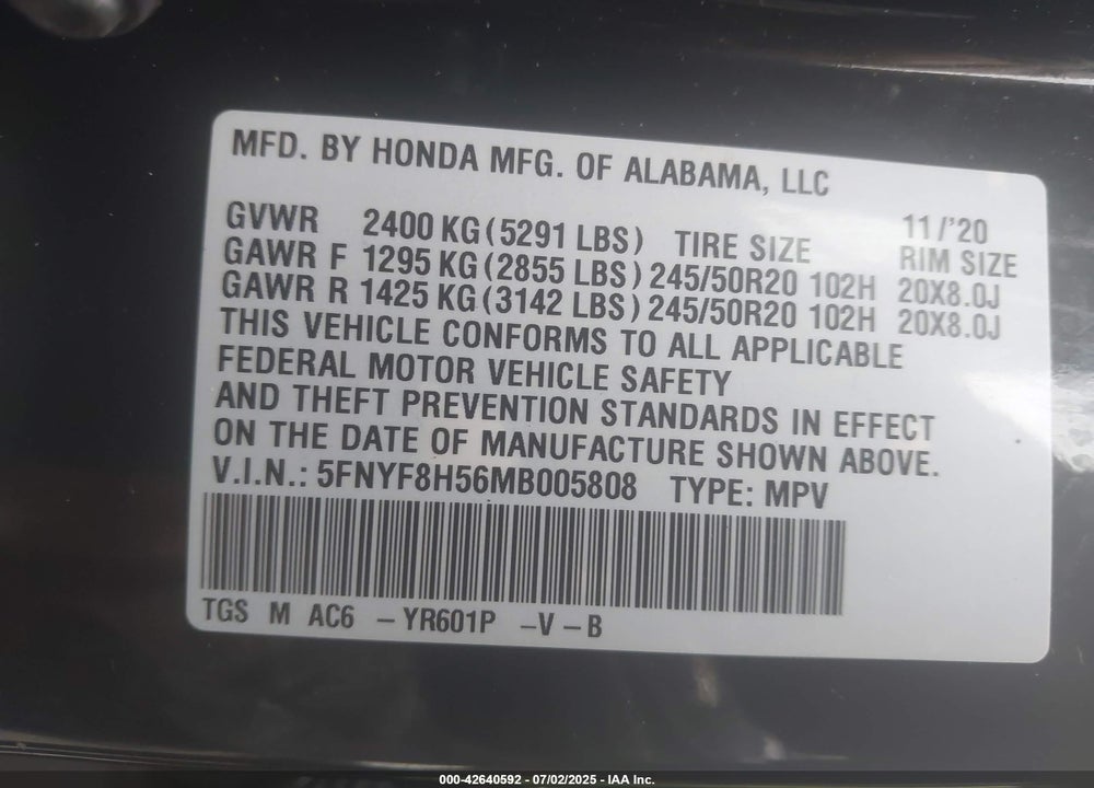 2021 HONDA PASSPORT VIN: 5FNYF8H56MB005808