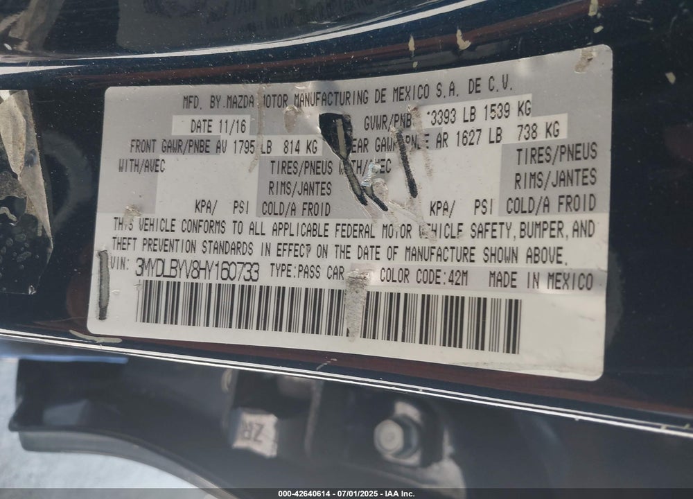 2017 TOYOTA YARIS IA VIN: 3MYDLBYV8HY160733