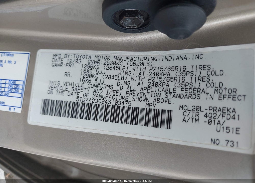 2004 TOYOTA SIENNA CE VIN: 5TDZA23C04S103475