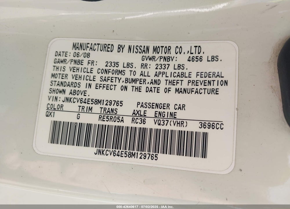 2008 INFINITI G37 VIN: JNKCV64E58M129765