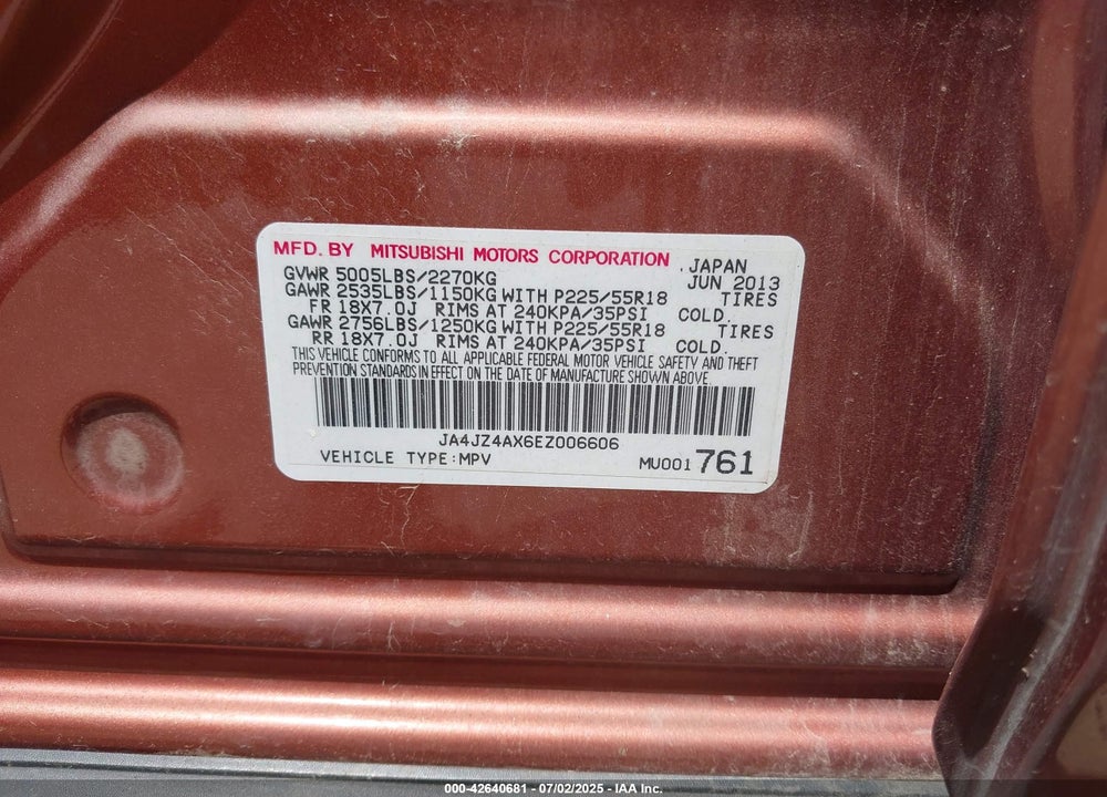 2014 MITSUBISHI OUTLANDER VIN: JA4JZ4AX6EZ006606