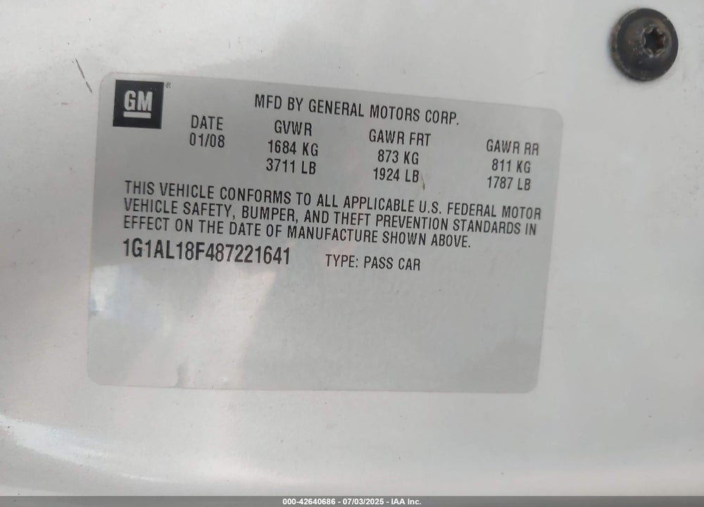 2008 CHEVROLET COBALT LT VIN: 1G1AL18F487221641