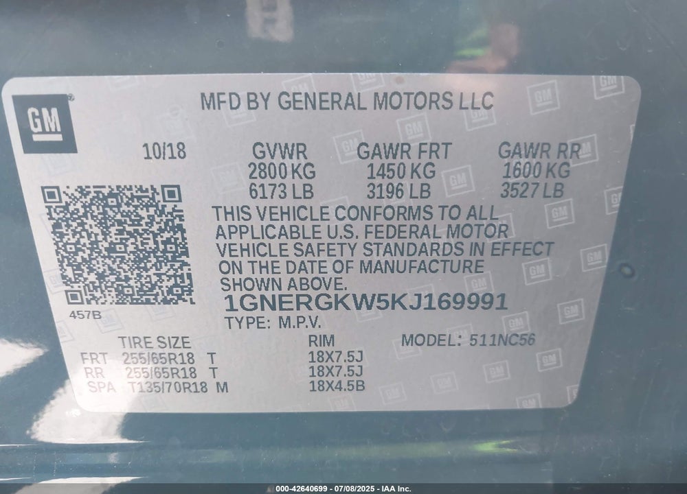 2019 CHEVROLET TRAVERSE 1LT VIN: 1GNERGKW5KJ169991