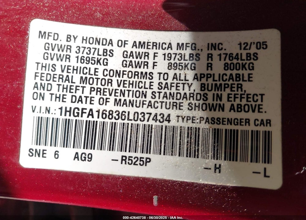 2006 HONDA CIVIC VIN: 1HGFA16836L037434