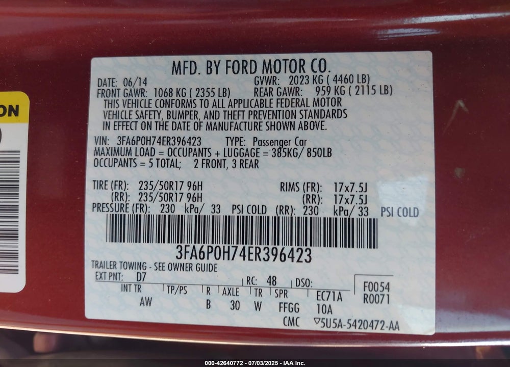 2014 FORD FUSION VIN: 3FA6P0H74ER396423