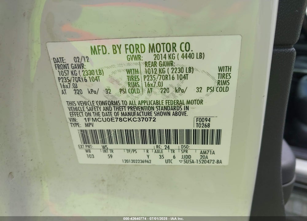 2012 FORD ESCAPE LIMITED VIN: 1FMCU0E78CKC37072