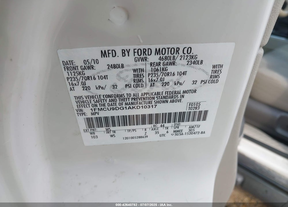 2010 FORD ESCAPE VIN: 1FMCU9DG1AKD10317