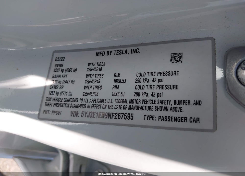 2022 TESLA MODEL 3 VIN: 5YJ3E1EB9NF267595