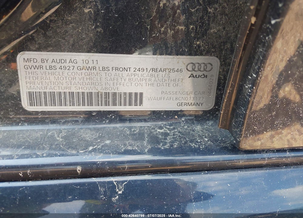 2012 AUDI A4 VIN: WAUFFAFL8CN013177