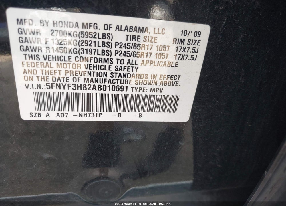 2010 HONDA PILOT VIN: 5FNYF3H82AB010691