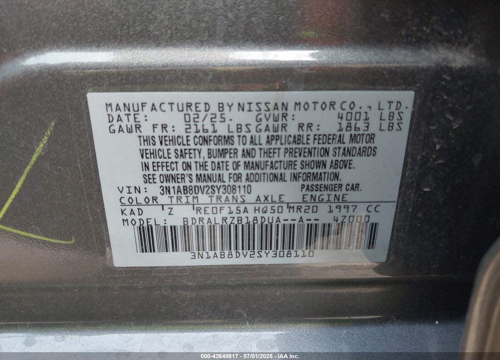 2025 NISSAN SENTRA SR VIN: 3N1AB8DV2SY308110