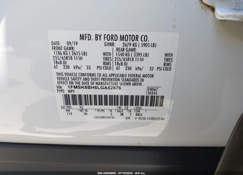 2020 FORD EXPLORER VIN: 1FMSK8BH6LGA82876