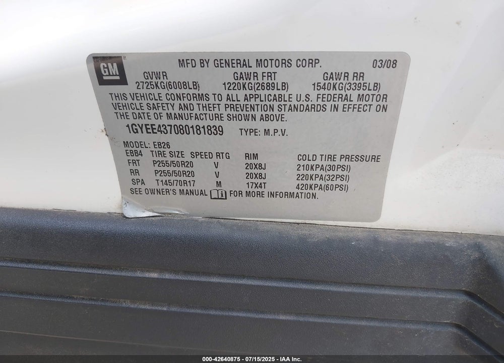 2008 CADILLAC SRX VIN: 1GYEE437080181839