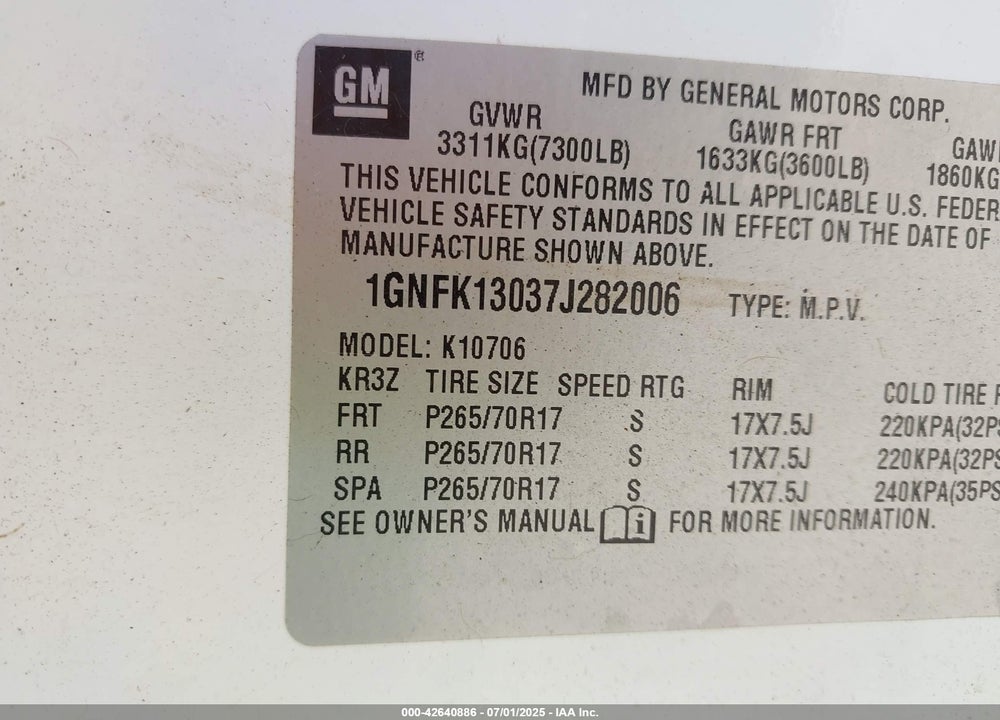 2007 CHEVROLET TAHOE LT VIN: 1GNFK13037J282006