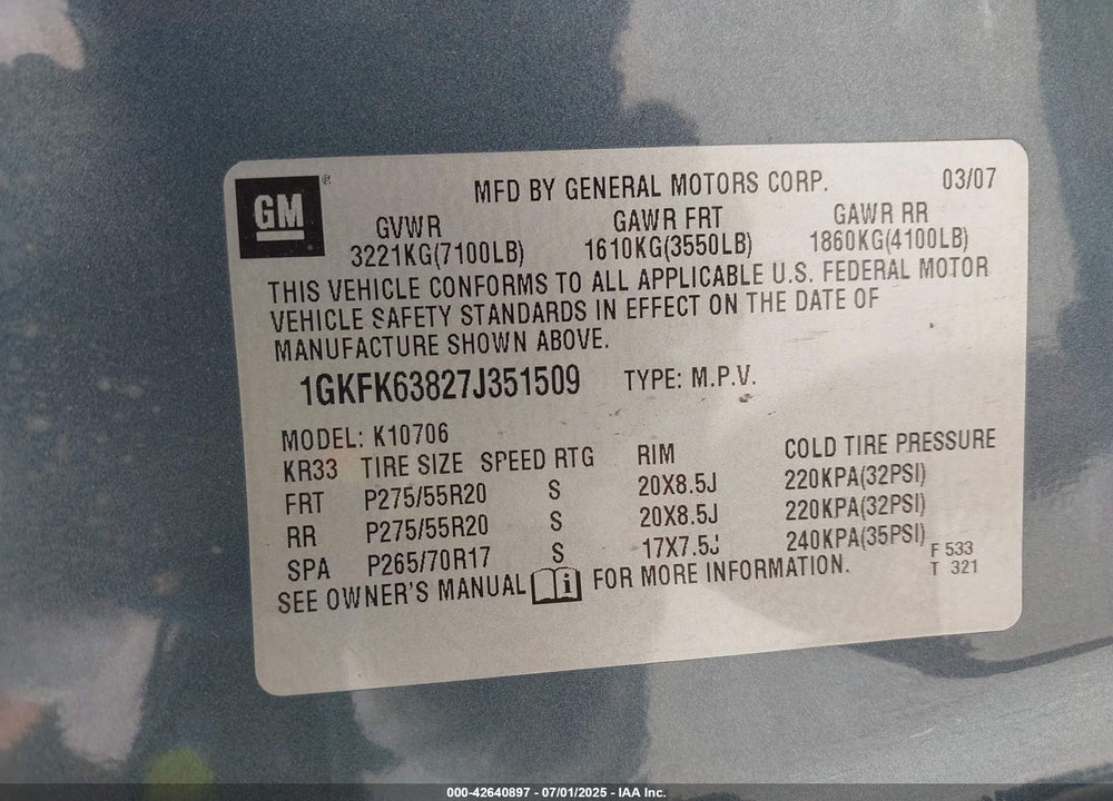 2007 GMC YUKON VIN: 1GKFK63827J351509