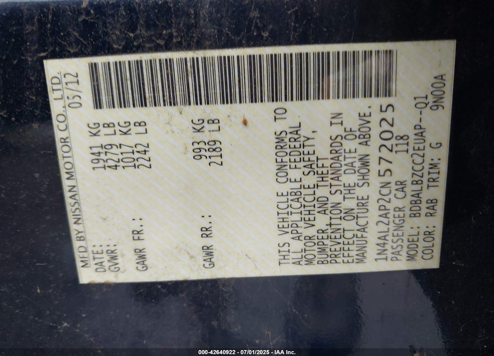 2012 NISSAN ALTIMA 2.5 S VIN: 1N4AL2AP2CN572025