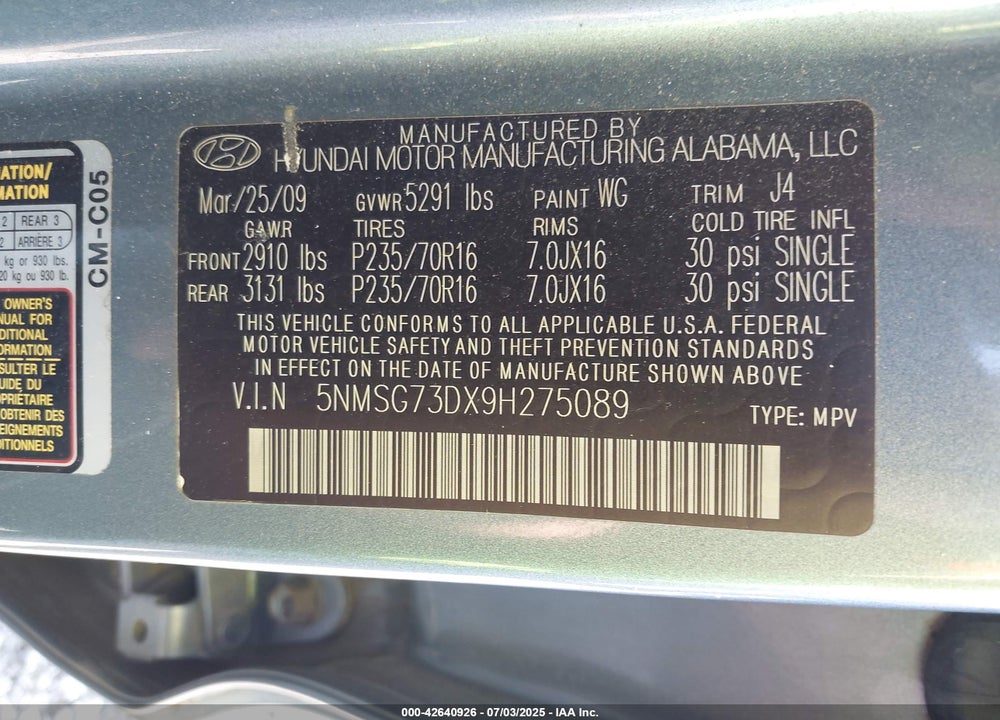 2009 HYUNDAI SANTA FE VIN: 5NMSG73DX9H275089