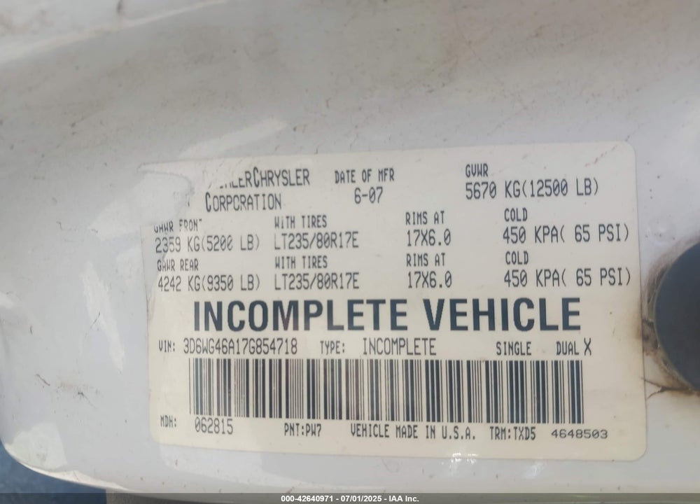 2007 DODGE RAM 3500 HD CHASSIS ST/SLT VIN: 3D6WG46A17G854718