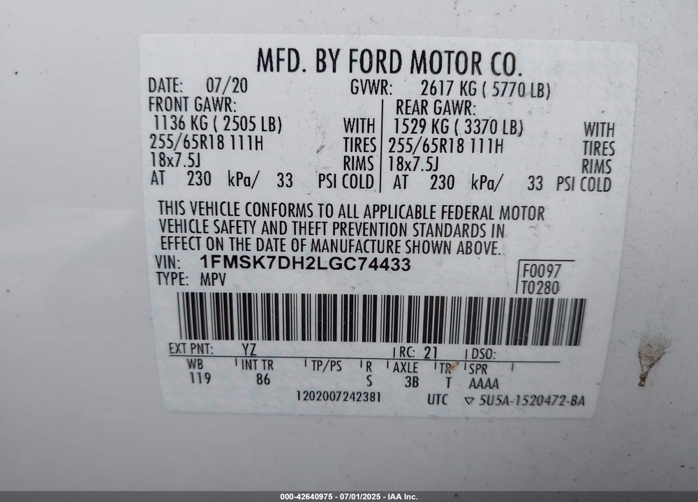 2020 FORD EXPLORER VIN: 1FMSK7DH2LGC74433