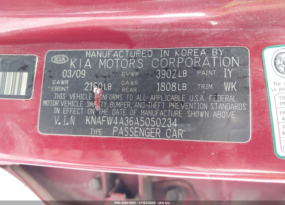 2010 KIA FORTE VIN: KNAFW4A36A5050234
