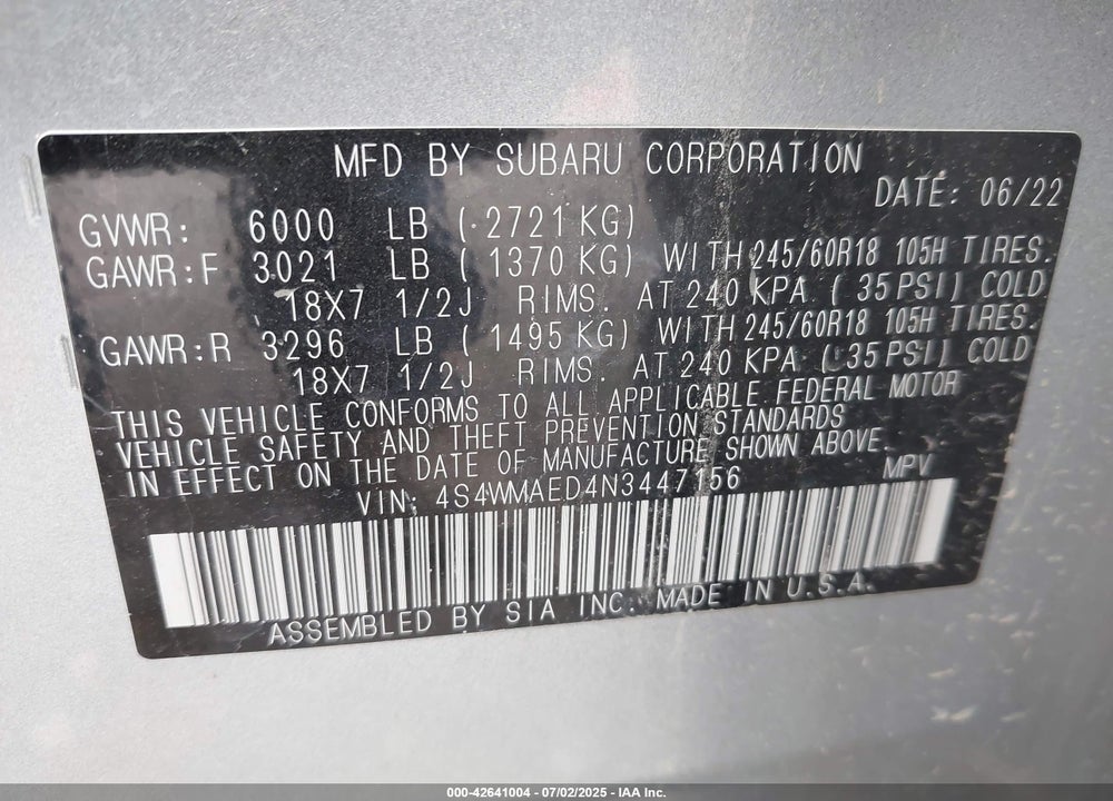2022 SUBARU ASCENT VIN: 4S4WMAED4N3447156