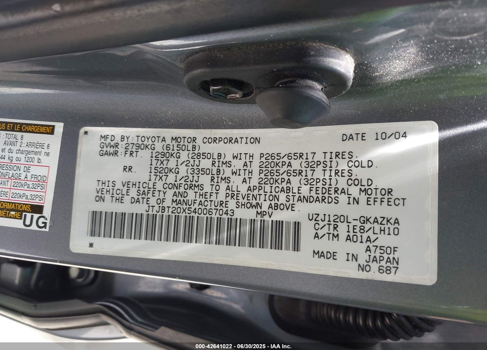 2004 LEXUS GX 470 VIN: JTJBT20X540067043