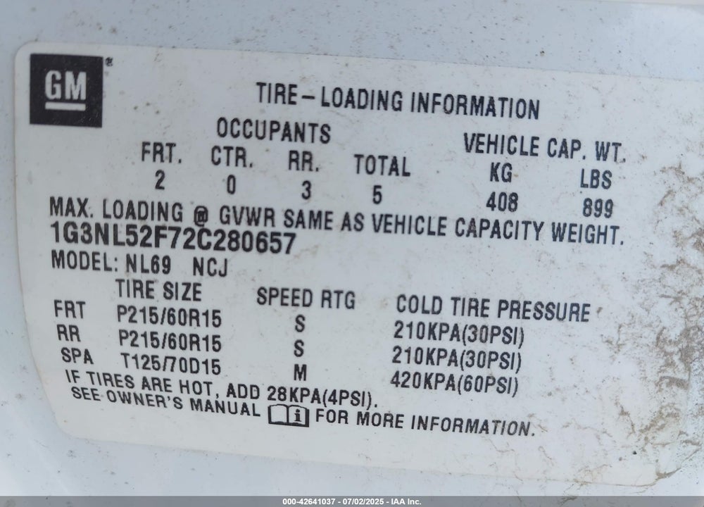 2002 OLDSMOBILE ALERO GL1 VIN: 1G3NL52F72C280657