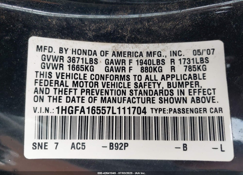 2007 HONDA CIVIC VIN: 1HGFA16557L111704