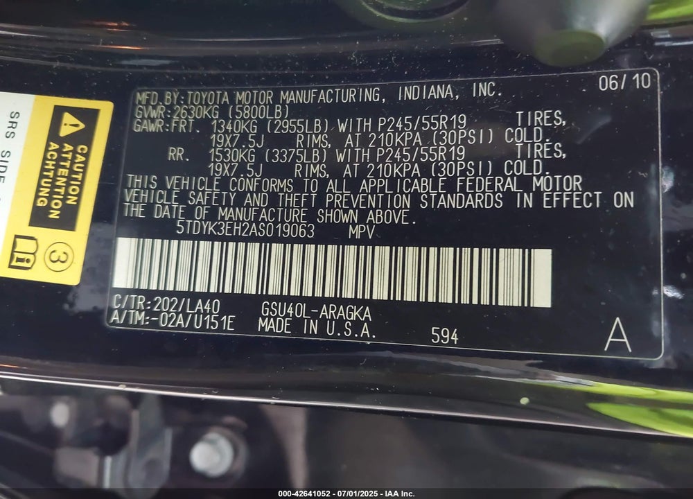 2010 TOYOTA HIGHLANDER VIN: 5TDYK3EH2AS019063