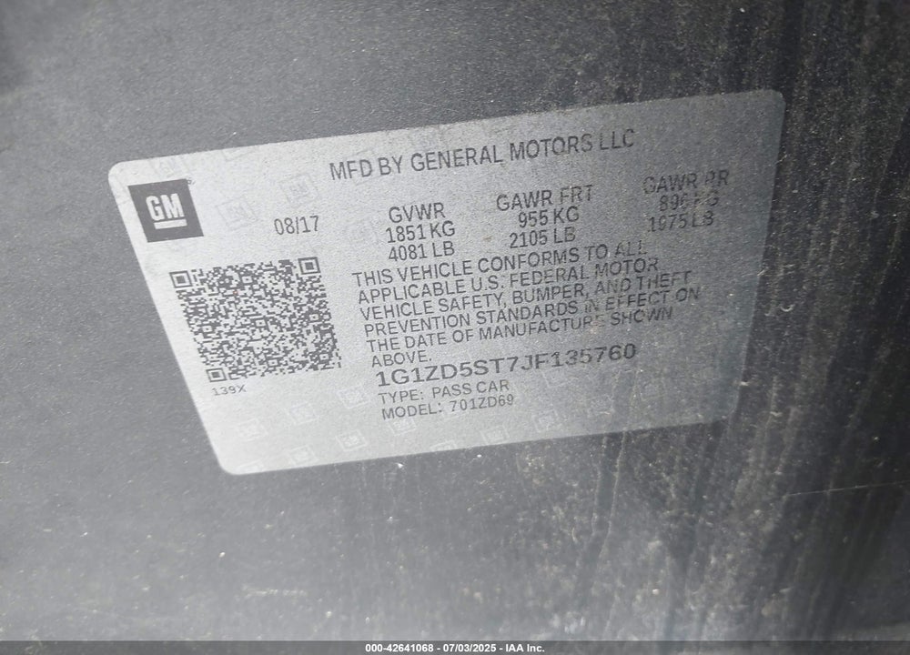 2018 CHEVROLET MALIBU VIN: 1G1ZD5ST7JF135760
