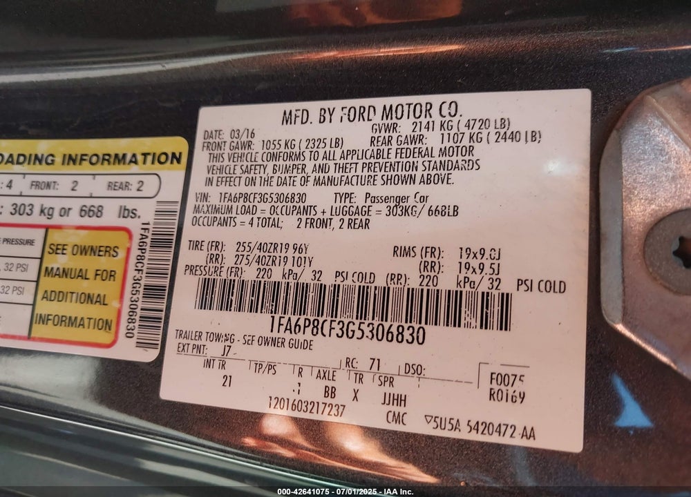 2016 FORD MUSTANG VIN: 1FA6P8CF3G5306830