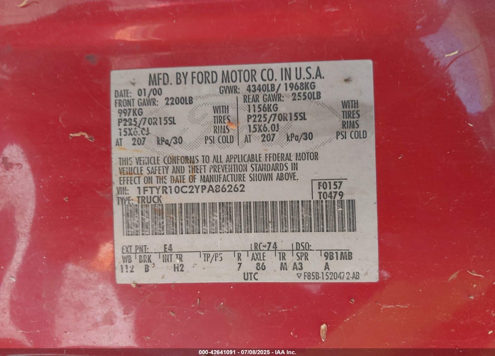2000 FORD RANGER XL/XLT VIN: 1FTYR10C2YPA86262