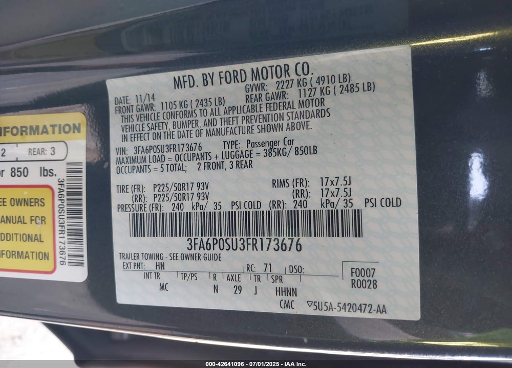 2015 FORD FUSION ENERGI TITANIUM VIN: 3FA6P0SU3FR173676
