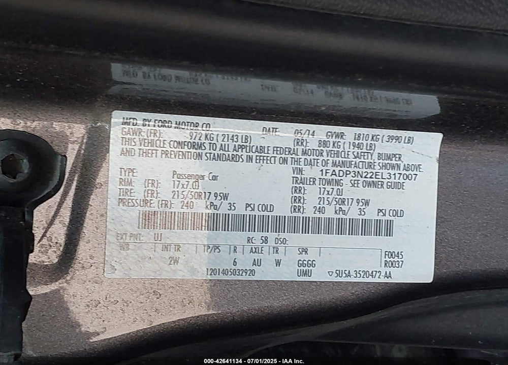 2014 FORD FOCUS TITANIUM VIN: 1FADP3N22EL317007